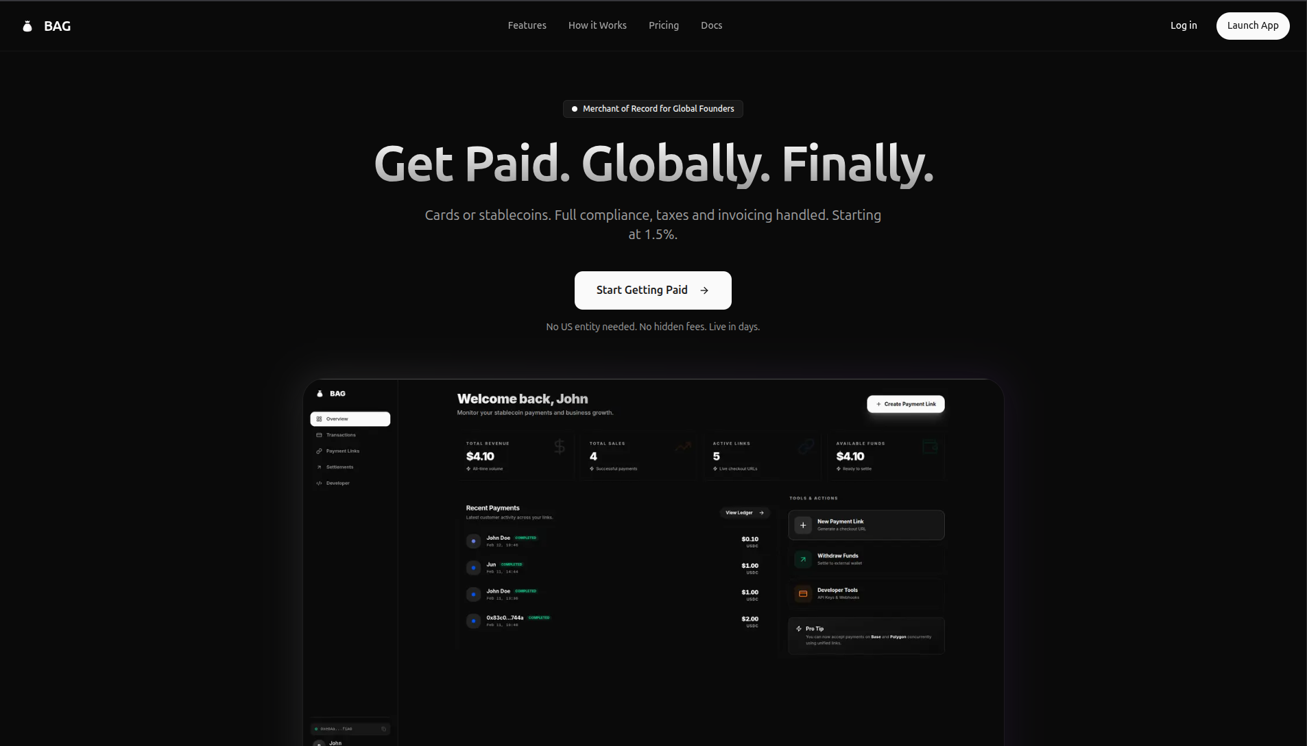 Bags - pay-per-call APIs for AI agents project screenshot showing the application interface and features